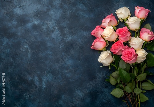 Pink and White Roses Bouquet on Dark Blue Background