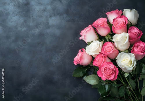 Pink and White Roses Bouquet on Dark Gray Background