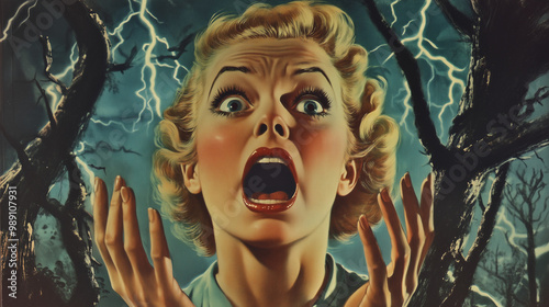 Screaming Woman in Retro Horror Scene with Lightning and Twisted Trees