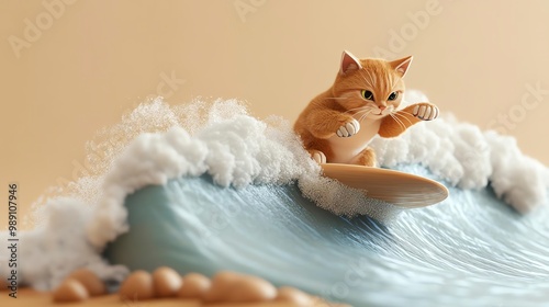 A playful cat surfing on a wave, showcasing its adventurous spirit. The scene captures the joy and fun of water sports, ideal for animal lovers and lifestyle enthusiasts. photo