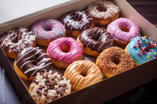 A box of assorted donuts with different colors and toppings. The box is placed on a black background. Generative AI photo