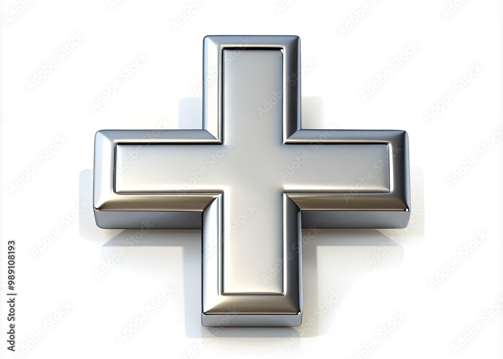 Obraz premium A gleaming silver medical cross symbol on a crisp white background, conveying health, medicine, and compassionate care with precision and elegance.