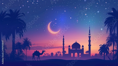 Camel Silhouette Against a Starry Sky and Mosque