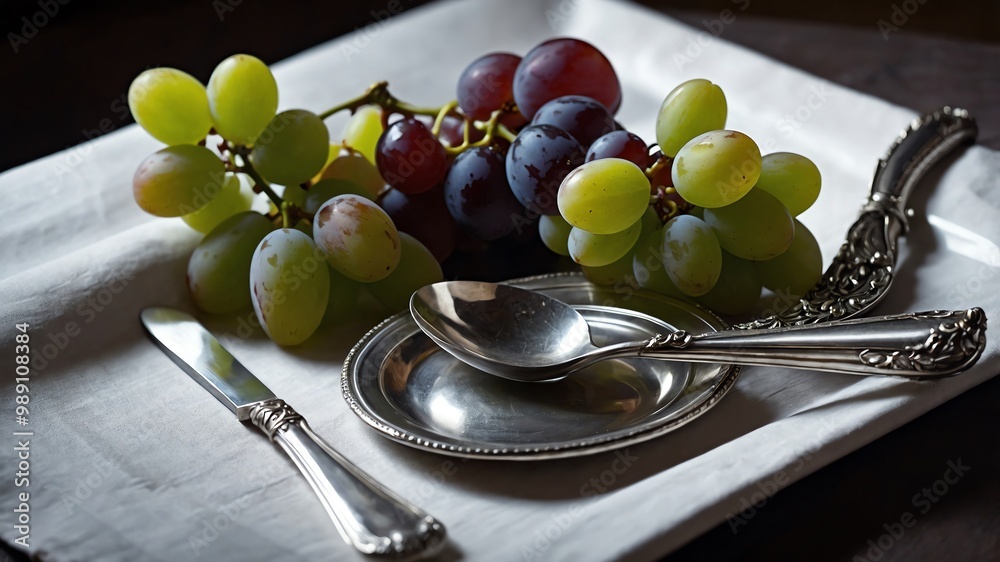 Elegant silverware with grapes oil based still life painting illustration Elegant silverware with grapes oil based still life painting illustration