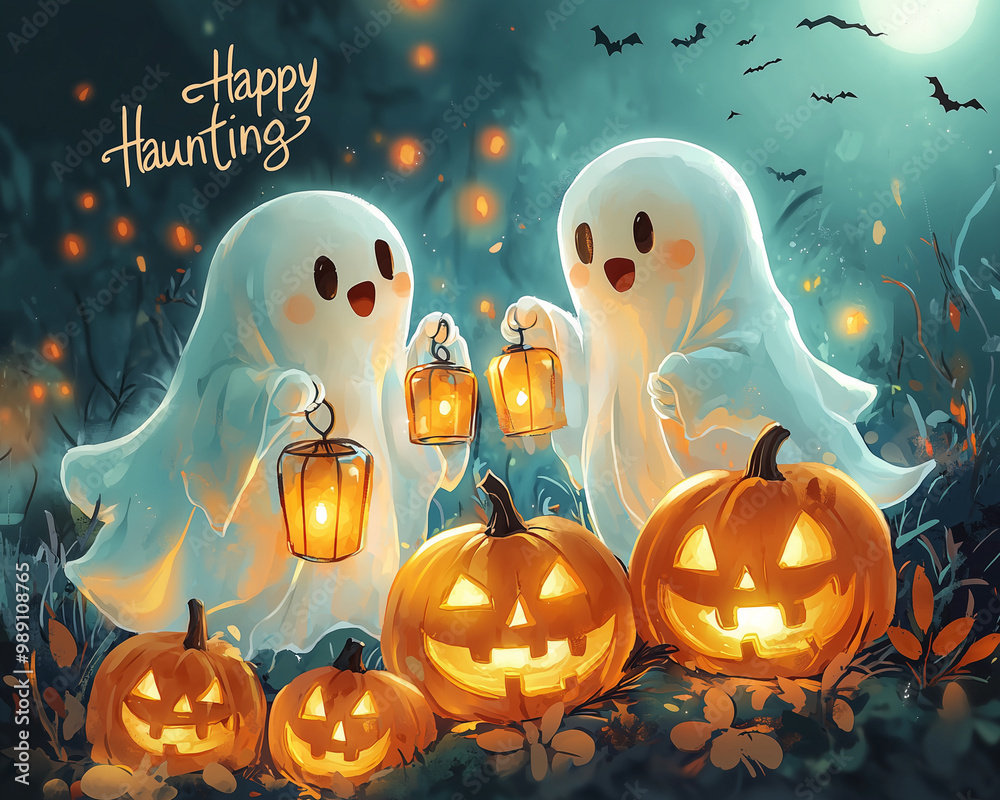 playful ghosts holding lanterns amidst pumpkins in a mystical Halloween forest at dusk playful ghosts holding lanterns amidst pumpkins in a mystical Halloween forest at dusk
