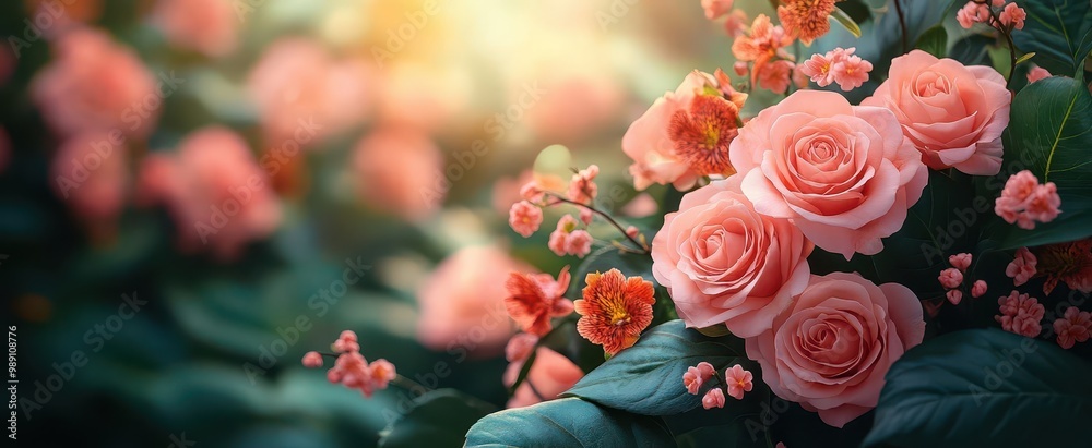 lush arrangement of pink roses and exotic orchids with vibrant green foliage soft focus background creates dreamy romantic atmosphere for wedding or special event lush arrangement of pink roses and exotic orchids with vibrant green foliage soft focus background creates dreamy romantic atmosphere for wedding or special event