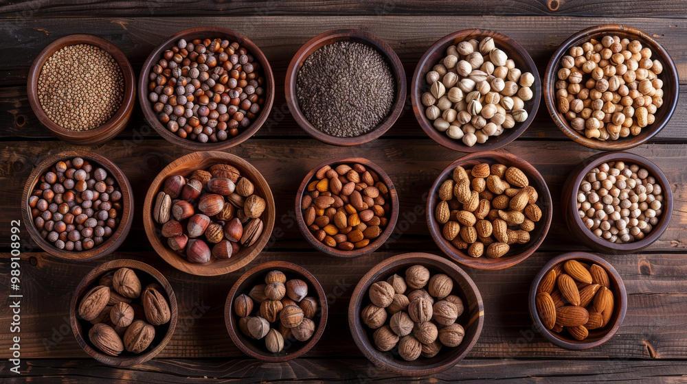 Assorted nuts in wooden bowls create beautiful and healthy display Assorted nuts in wooden bowls create beautiful and healthy display