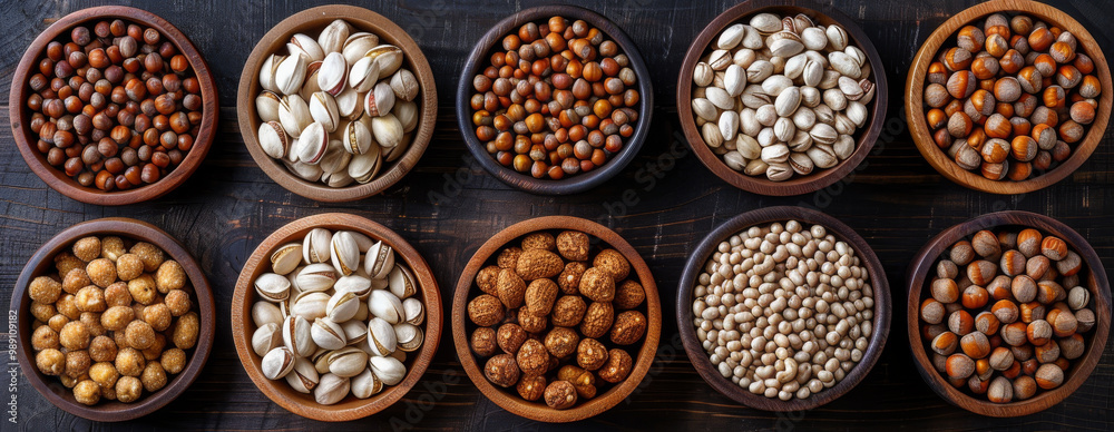 Assorted nuts in wooden bowls create delightful and colorful display Assorted nuts in wooden bowls create delightful and colorful display