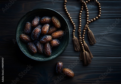 Dates and Prayer Beads on Wooden Table photo