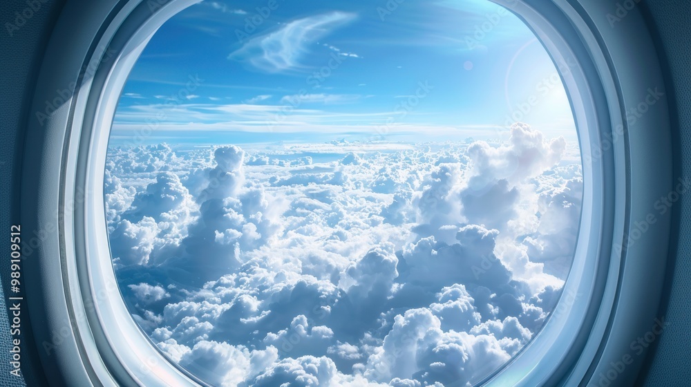 View of fluffy clouds and blue sky from an airplane window. View of fluffy clouds and blue sky from an airplane window.