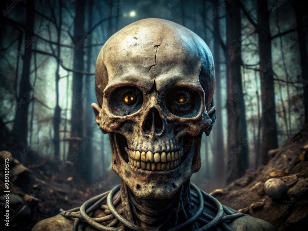 A haunted, worn, and weathered skeleton head with empty eye sockets and a gruesome, toothy grin, set against a dark, mysterious, and eerie background atmosphere. A haunted, worn, and weathered skeleton head with empty eye sockets and a gruesome, toothy grin, set against a dark, mysterious, and eerie background atmosphere.