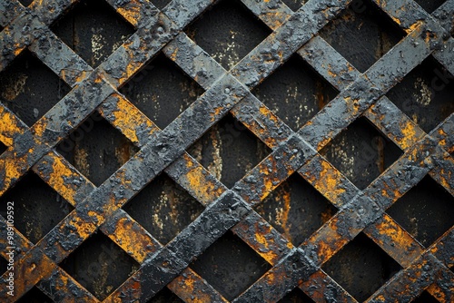 Close-up of a Rusted Metal Grid with Black Paint Flakes