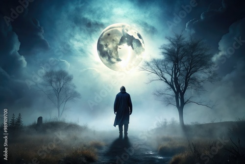 A haunting, eerie figure stands alone in a dark, misty landscape, Its silhouette looming large and foreboding against a moonlit, ominous night sky.