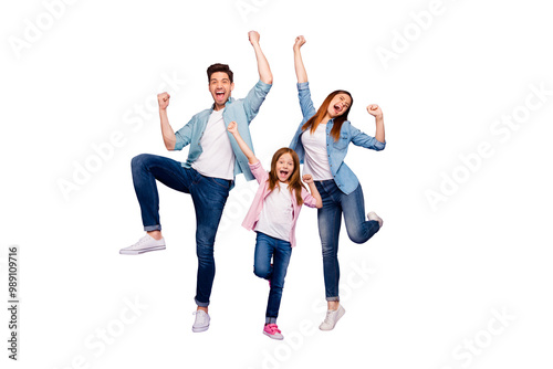 Full body photo of rejoicing dad mom and little foxy lady cool win wear casual clothes isolated purple background photo