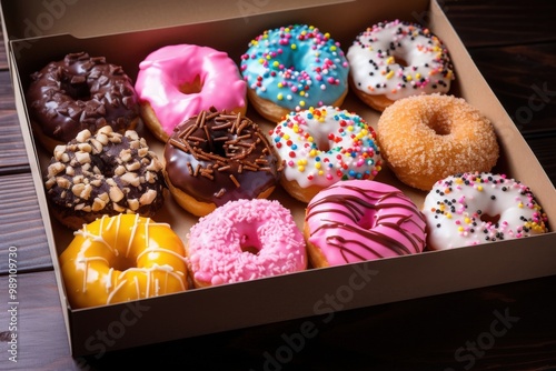 A box of assorted donuts with different colors and toppings. The box is placed on a black background. Generative AI photo