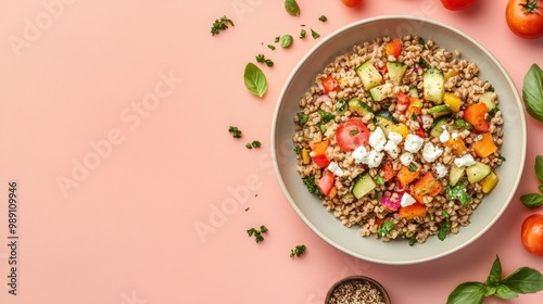 A vibrant bowl of grain salad with vegetables and feta cheese on a pastel background.