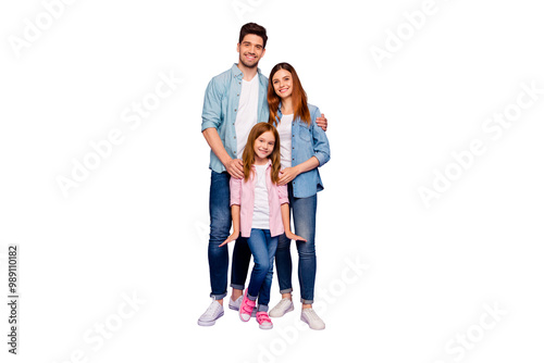 Full size photo of dad mom and little foxy lady posing for family portrait wear casual clothes isolated purple background photo