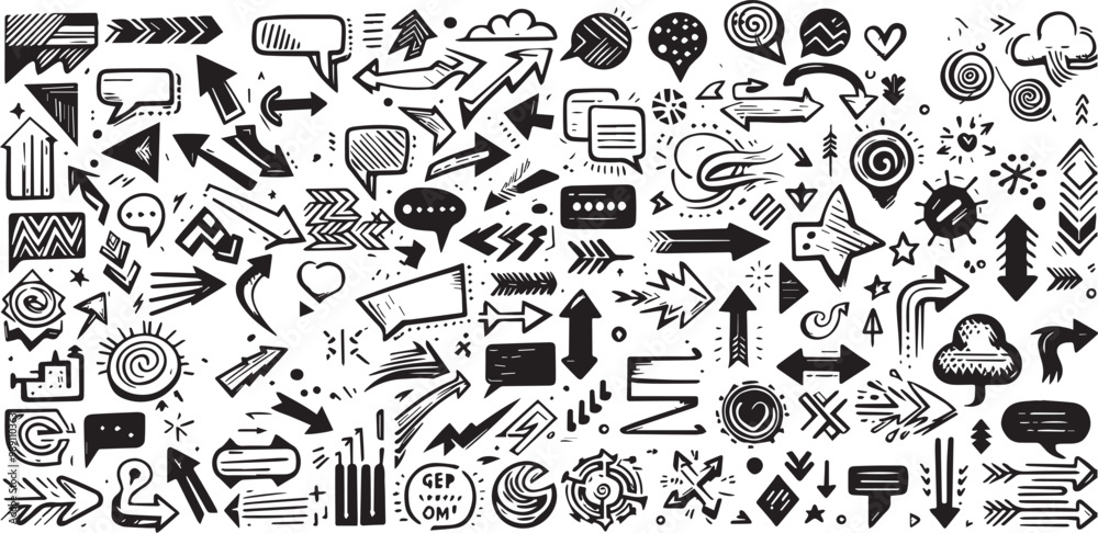 Fototapeta premium Abstract arrows and Speech bubbles set. Various doodle arrows and speech balloons with grunge texture. Vector collection of hand drawn abstract vintage infographics