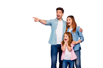 Photo of three family members visiting zoo indicating funny animal wear casual clothes isolated purple background