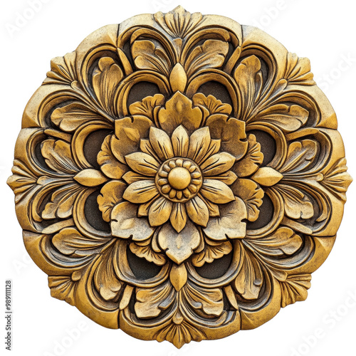 A gold flower design is on a round surface. The design is intricate and detailed, with many small flowers and leaves. Scene is elegant and sophisticated, with the gold color adding a touch of luxury