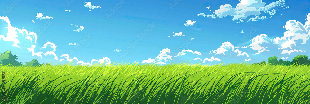 Obraz premium Grass Green Fields Background with Tiny Clouds