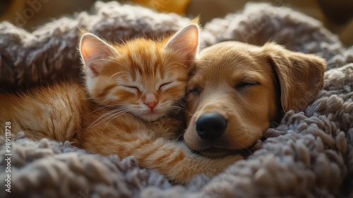 heartwarming scene of unlikely animal friendship between playful kitten and gentle puppy cuddling together in soft morning light