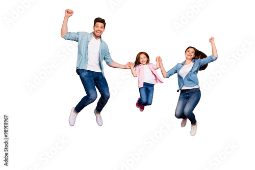 Full size photo of three jumping high family members celebrating good news wear casual clothes isolated purple background