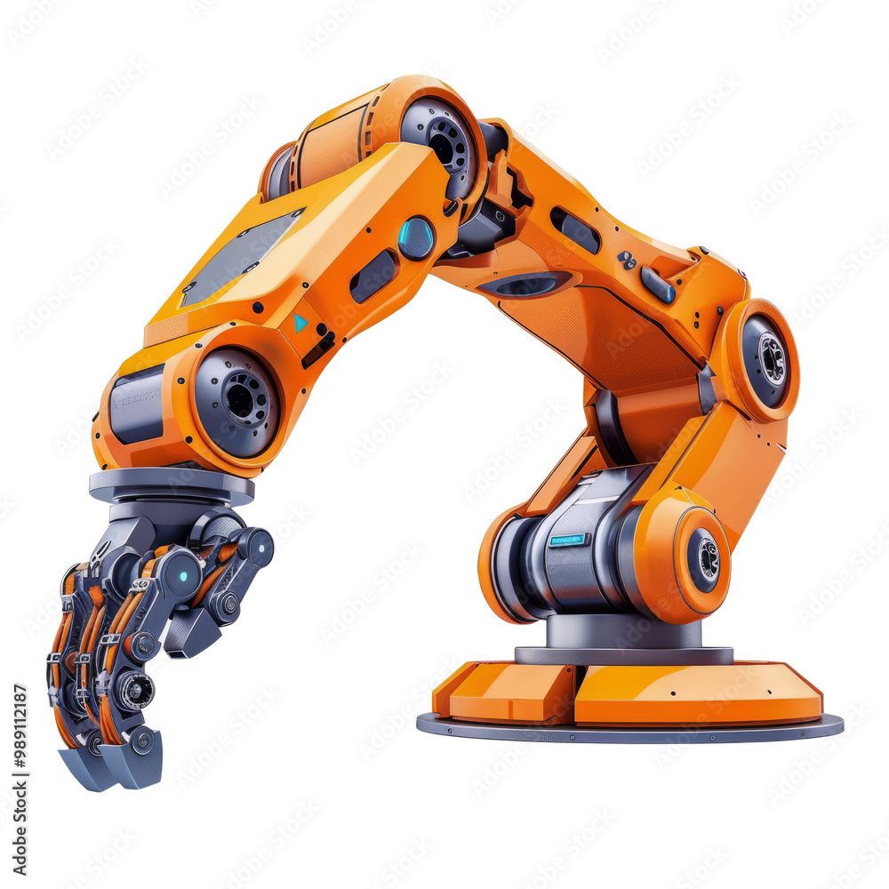 A robotic arm assembling parts on a white background. A robotic arm assembling parts on a white background.