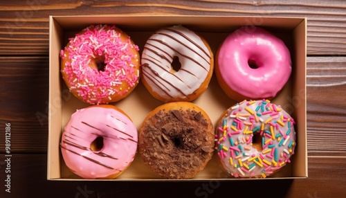 A box of assorted donuts with different colors and toppings. The box is placed on a black background. Generative AI photo