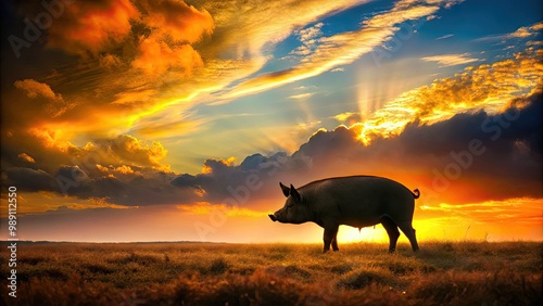 A lone pig's dark silhouette stands out against a vibrant sunset sky with warm golden hues, creating a striking rural landscape scene.