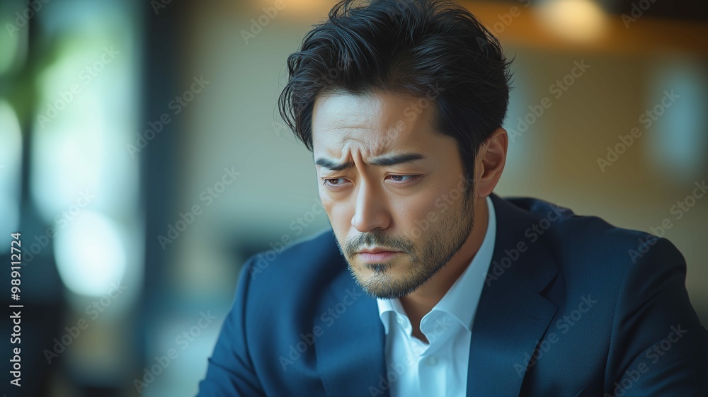 思い悩む表情をする日本人男性 思い悩む表情をする日本人男性