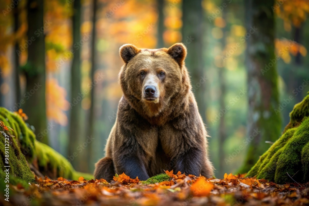 A lone, shaggy brown bear sits forlornly on a moss-covered forest floor, surrounded by autumn leaves, with a sorrowful expression on its furry face. A lone, shaggy brown bear sits forlornly on a moss-covered forest floor, surrounded by autumn leaves, with a sorrowful expression on its furry face.