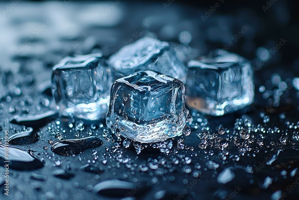 Close-up of Ice Cubes with Water Droplets on a Dark Surface Close-up of Ice Cubes with Water Droplets on a Dark Surface