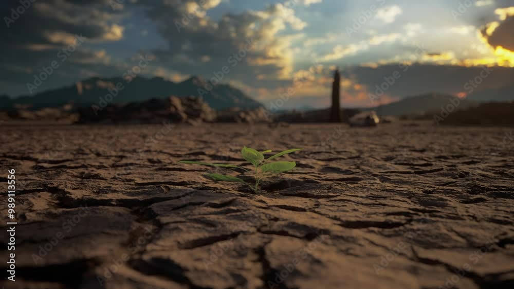 Small Green Plant Growing On Dry Ground Cracked And Dried-Up Land Soil Or Sand Surface. Drought, Lack Of Water, Climate Change, Heatwave, And Global Warming Disaster Concept Small Green Plant Growing On Dry Ground Cracked And Dried-Up Land Soil Or Sand Surface. Drought, Lack Of Water, Climate Change, Heatwave, And Global Warming Disaster Concept