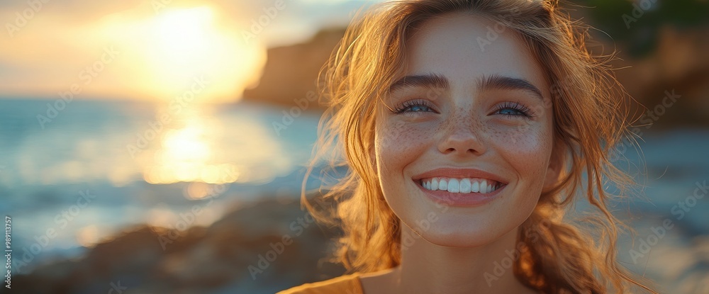 Happy Woman Smiling at Sunset Happy Woman Smiling at Sunset