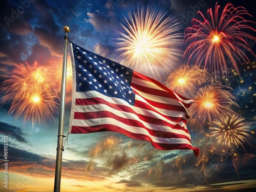 A majestic American flag waves proudly in the foreground, set against a stunning backdrop of fireworks illuminating a clear, starry night sky on Independence Day.