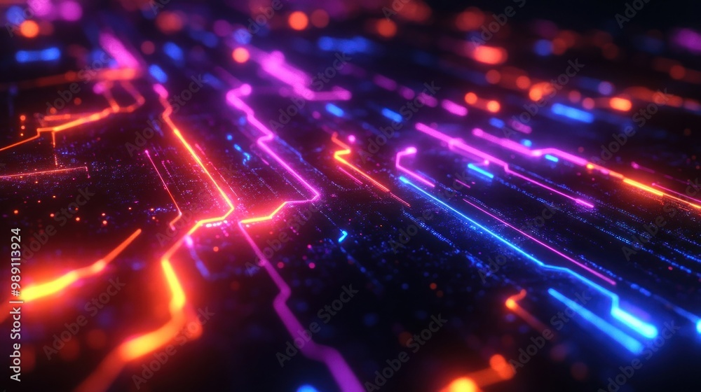 Fototapeta premium A vibrant digital abstract design with glowing lines and particles, representing technology.