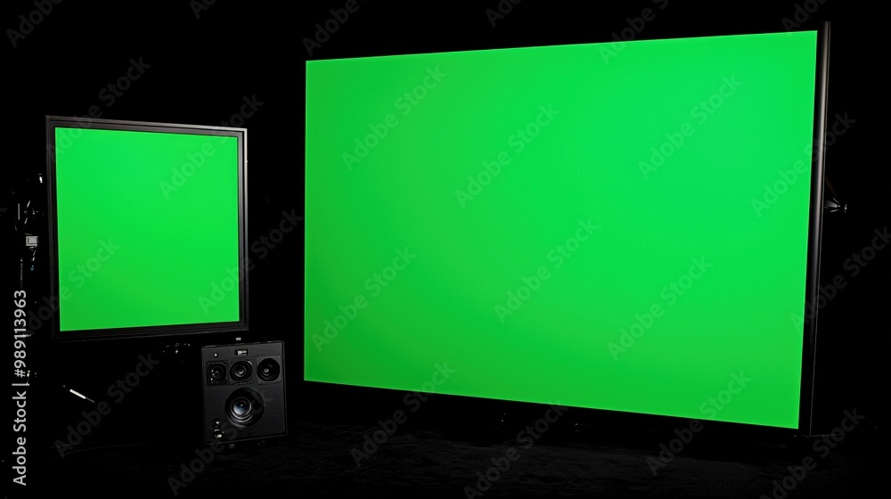 A large chroma green screen positioned against a solid black backdrop, accompanied by two smaller chroma green screens ideal for  thumbnails