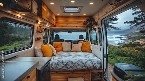 inside of a camping car in nature by a lake in the mountains in autumn