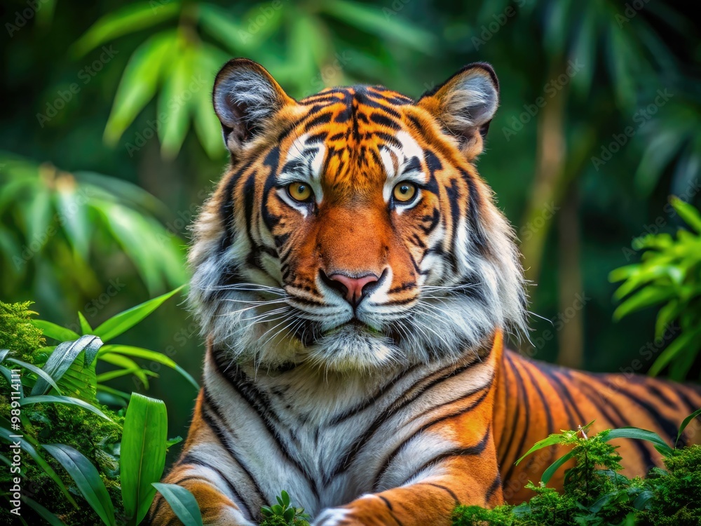 A majestic Bengal tiger with vibrant orange and black stripes lounges in a lush green forest, its piercing eyes gazing directly into the camera lens. A majestic Bengal tiger with vibrant orange and black stripes lounges in a lush green forest, its piercing eyes gazing directly into the camera lens.