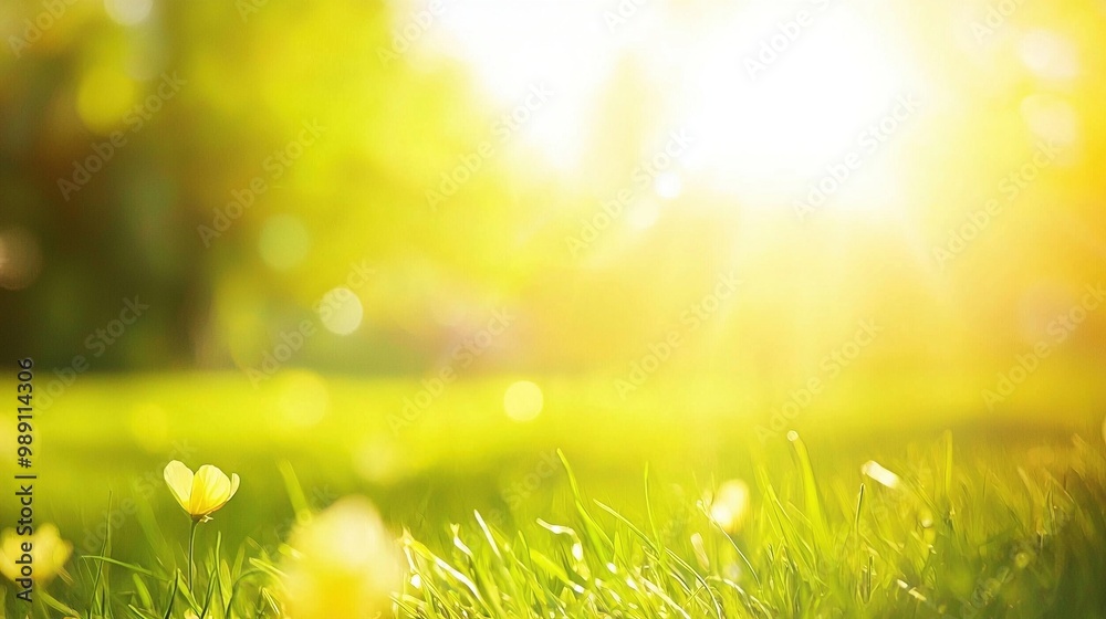 Obraz premium A blurred view of grass illuminated by sunlight creates a serene spring background, featuring a green meadow with a bokeh effect and ample space for text.