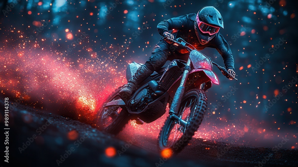 Rider skillfully maneuvers on a dirt bike through fiery trails with sparks flying The ambient lighting creates a dramatic effect highlighting the adrenaline rush and excitement of extreme sport Rider skillfully maneuvers on a dirt bike through fiery trails with sparks flying The ambient lighting creates a dramatic effect highlighting the adrenaline rush and excitement of extreme sport