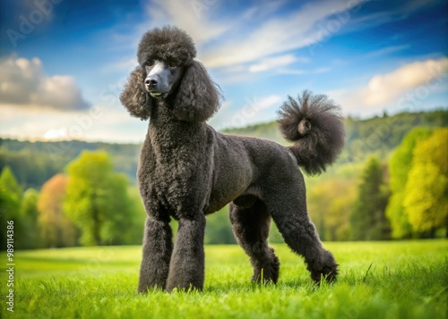 A majestic black standard poodle stands proudly on a lush green meadow, its curly coat glistening in the sunlight, with ears perked up and tail held high.