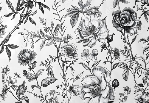 Antique French Toile De Jouy Floral Textile