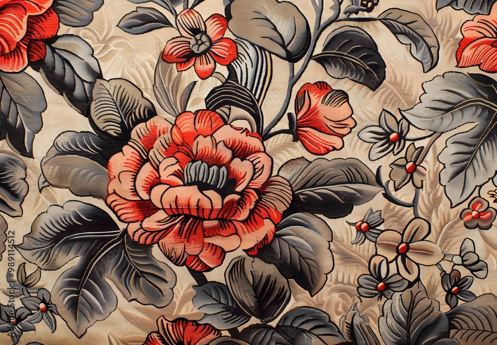 Antique Floral Tapestry with Red and Grey Flowers Antique Floral Tapestry with Red and Grey Flowers
