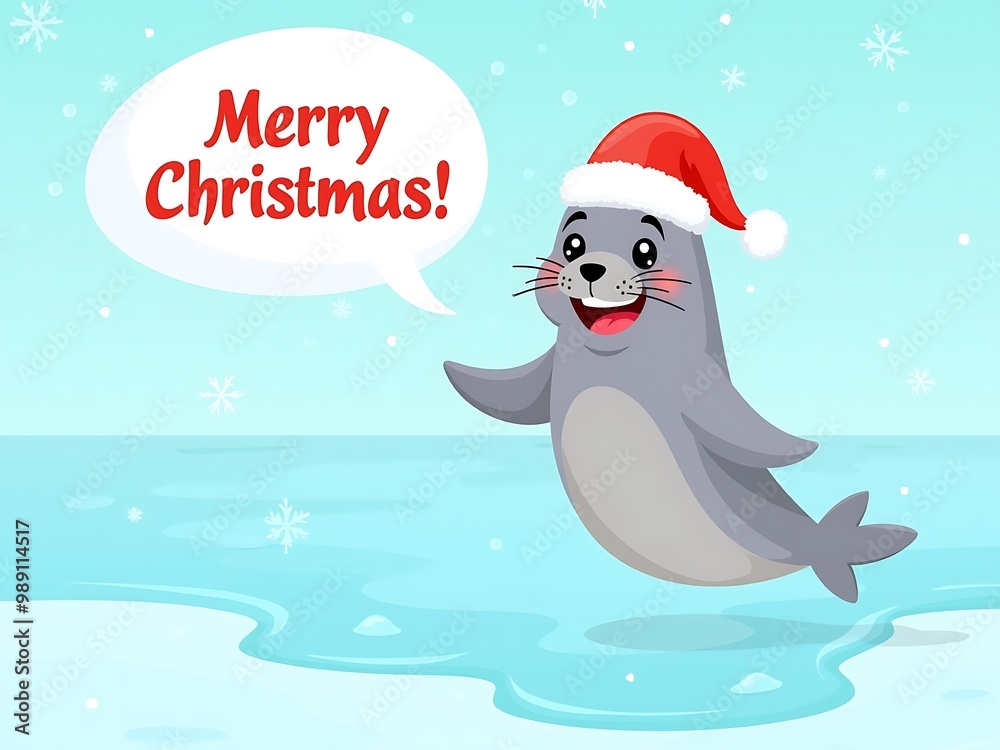 Cheerful seal wishing Merry Christmas in a festive icy ocean scene Cheerful seal wishing Merry Christmas in a festive icy ocean scene
