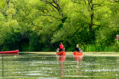 people canoeing on the toronto islands in summer room for text