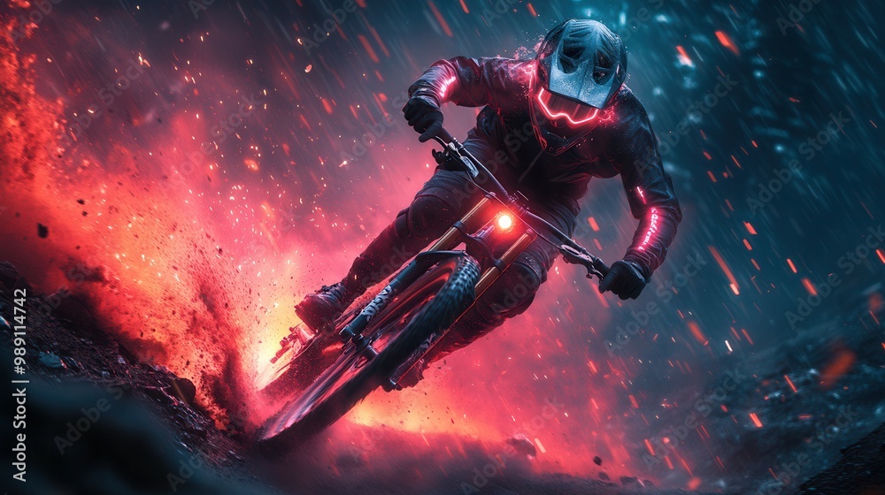 Thrilling scene of a mountain biker racing through a fiery night trail The image captures the adrenaline rush of extreme sports with glowing gear and sparks flying creating Thrilling scene of a mountain biker racing through a fiery night trail The image captures the adrenaline rush of extreme sports with glowing gear and sparks flying creating