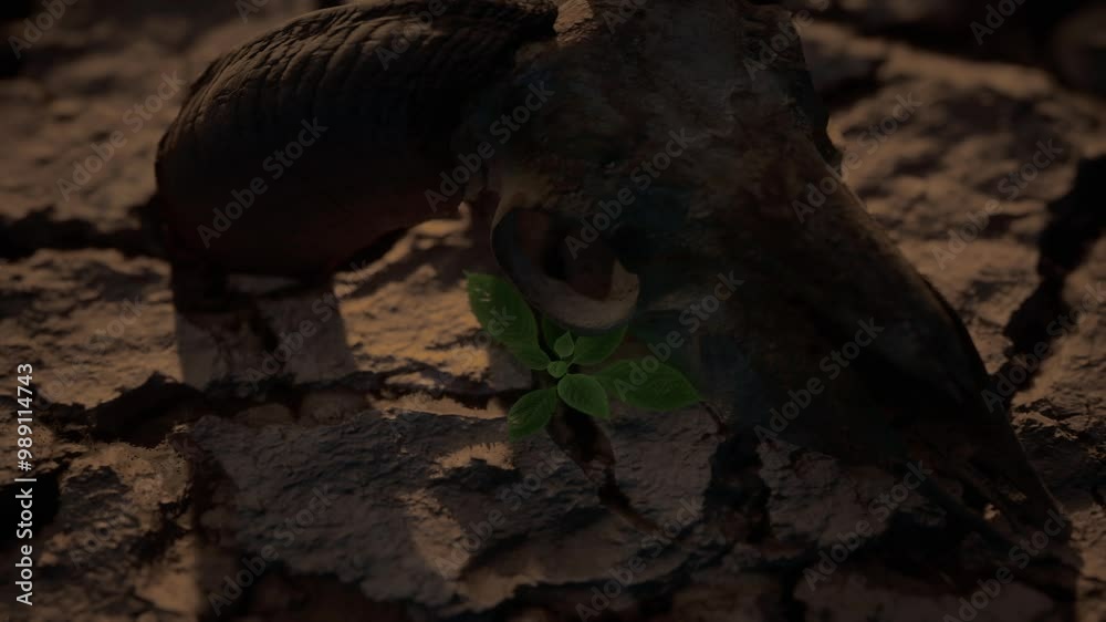 Small Green Plant Growing On Dry Ground Cracked And Bone Skull Animals, Global Warming Disaster Concept Small Green Plant Growing On Dry Ground Cracked And Bone Skull Animals, Global Warming Disaster Concept