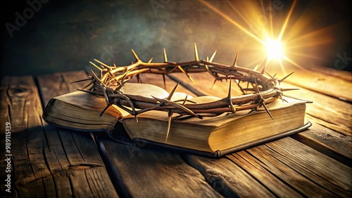 A majestic crown of thorns rests on a worn, ancient Bible, surrounded by subtle, glowing light, symbolizing hope and redemption in a dark, weathered tone.